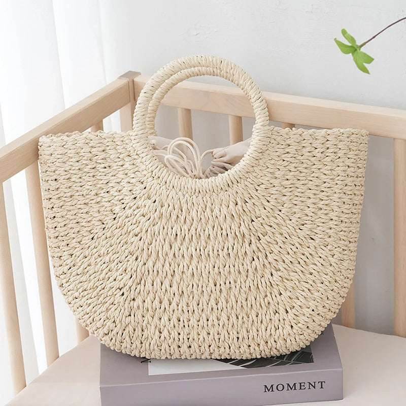 EMESA HOME Summer Half-Moon Straw Bag – Handmade Woven Beach Tote, Large Capacity Top-Handle Purse, Casual Bohemian Handbag Basket for Women - Emesa Home
