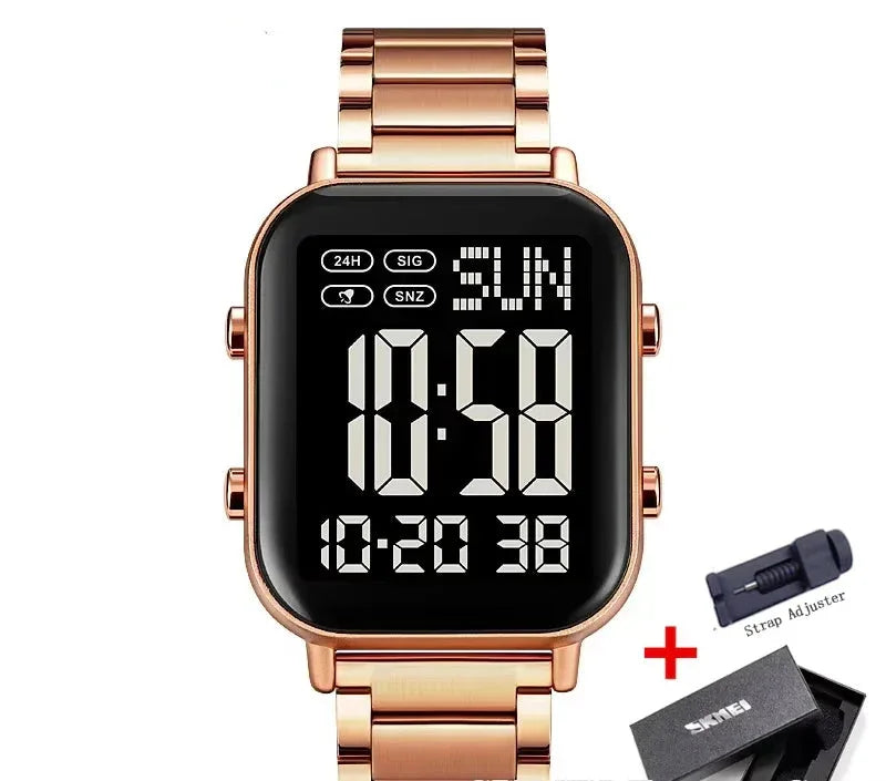 Rose gold digital watch with strap adjuster and box on a white background, featuring the Skmei brand.