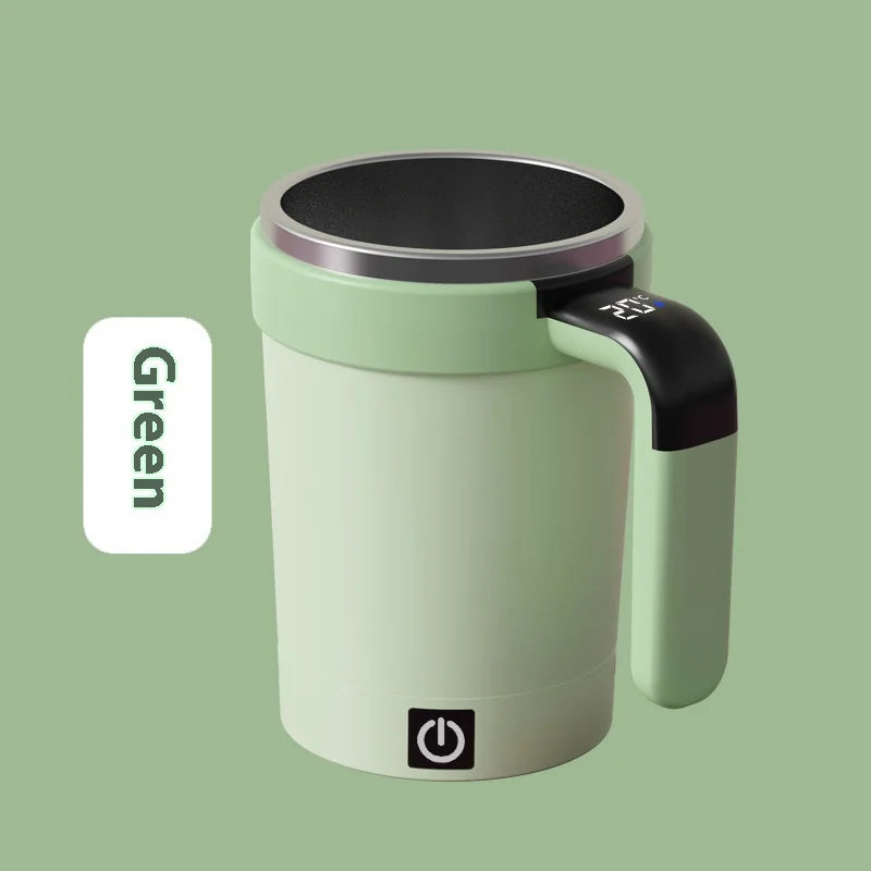 Green electric mug with digital display on a green background