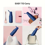 Collage of a blue umbrella being carried and stored in various items with text 'EASY TO Carry'.