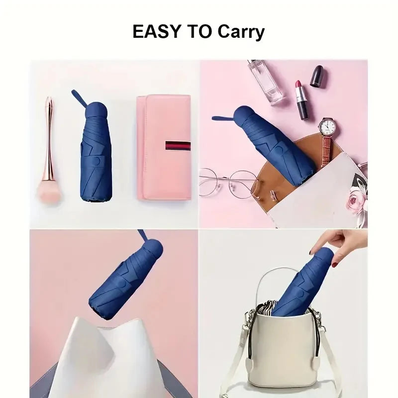 Collage of a blue umbrella being carried and stored in various items with text 'EASY TO Carry'.
