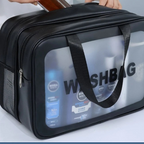 Black toiletry bag with 'WASHBAG' text, showing products inside, held by a person, with a 'HOT SALE!' banner.