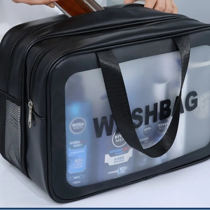 Black toiletry bag with 'WASHBAG' text, showing products inside, held by a person, with a 'HOT SALE!' banner.
