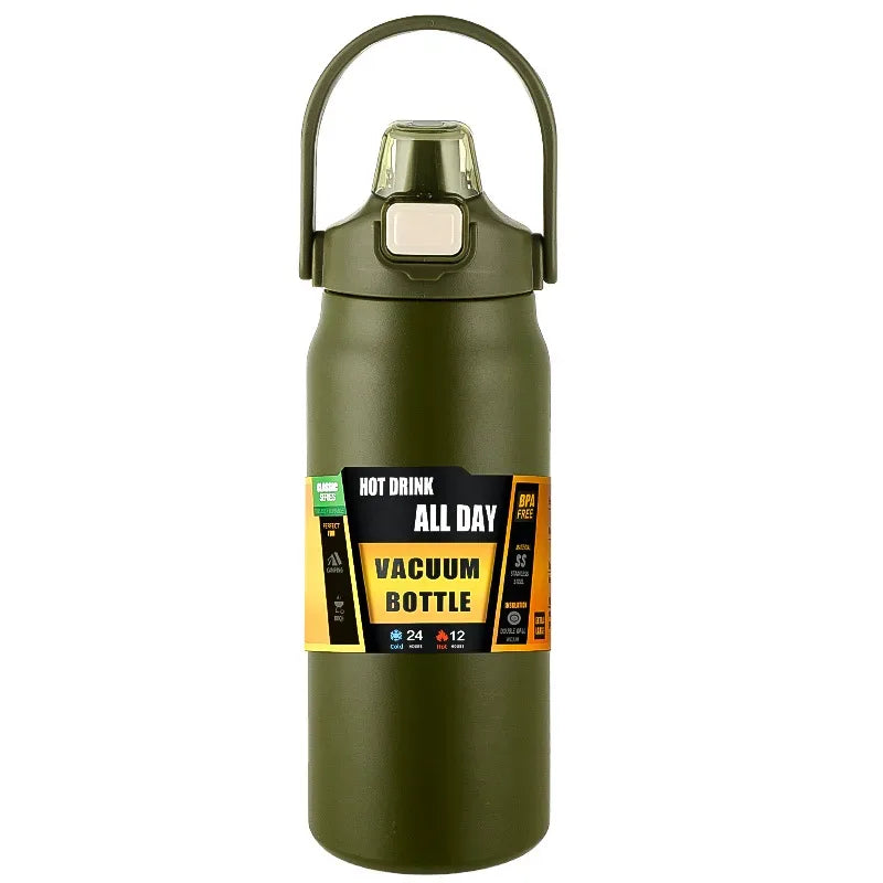 Green vacuum bottle with handle on a white background