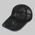 Black cap with solar-powered fan on a white background