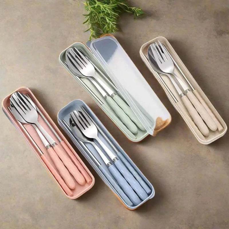 EMESA HOME-3pcs/set Stainless Steel Tableware Set - Chopsticks, Fork, Spoon, Travel Flatware with Box