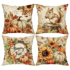 Set of four decorative pillows with autumn-themed designs featuring pumpkins, sunflowers, and a squirrel.