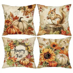 Set of four decorative pillows with autumn-themed designs featuring pumpkins, sunflowers, and a squirrel.