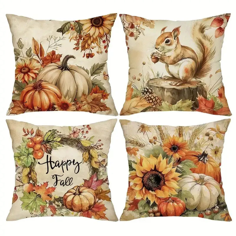Set of four decorative pillows with autumn-themed designs featuring pumpkins, sunflowers, and a squirrel.