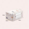 Storage cube with cartoon animal pattern and dimensions on a light pink background