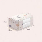 Storage cube with cartoon animal pattern and dimensions on a light pink background