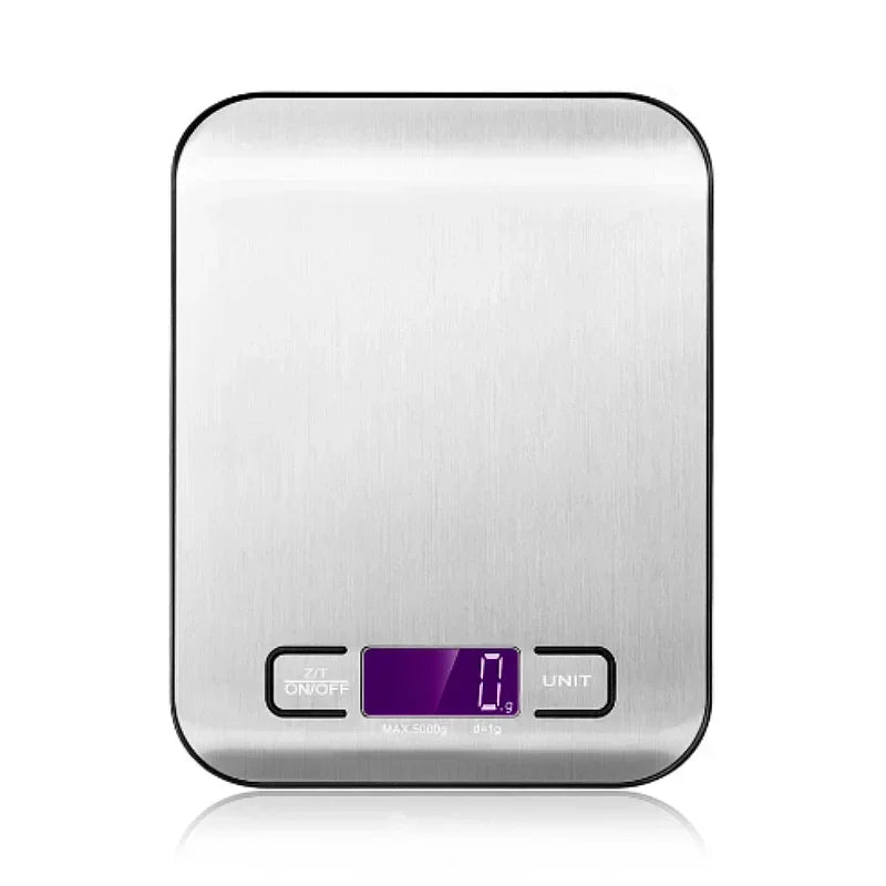 Digital kitchen scale with a metallic finish on a white background