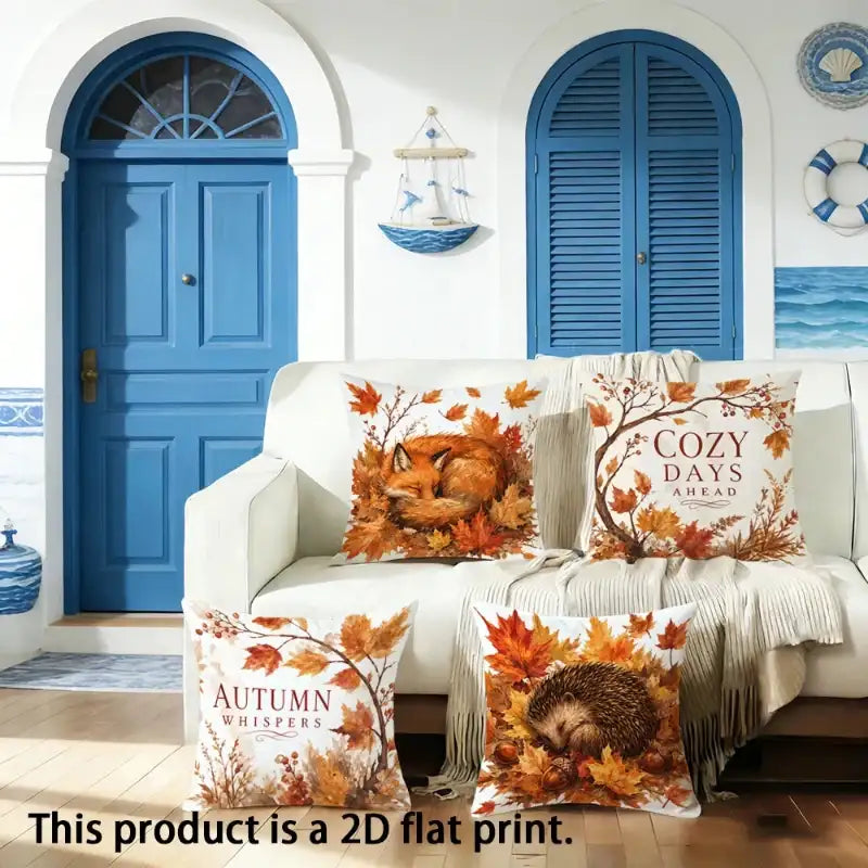 Three decorative throw pillows with autumn-themed 2D flat prints are arranged on a white sofa in a nautical-style room with blue doors and walls. The pillows feature designs including a fox in autumn leaves, a hedgehog, and the text 'COZY DAYS AHEAD' and 'AUTUMN WHISPER'.
