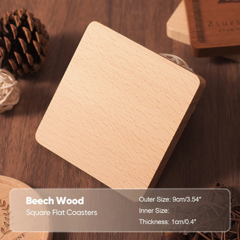 Beech wood square flat coaster on a wooden surface with text overlay.