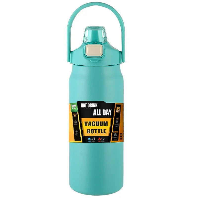 Turquoise vacuum bottle with handle on a white background