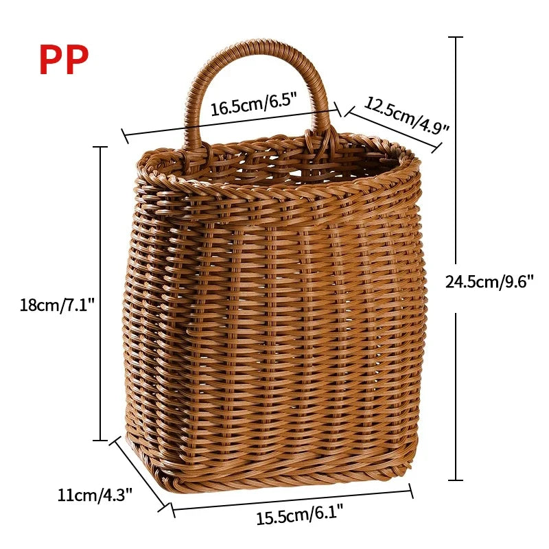 Wicker basket with dimensions labeled on a white background