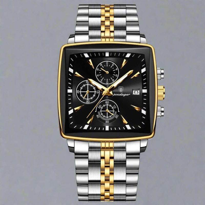 EMESA HOME Luxury Square Sport Man Wristwatch Waterproof Luminous Chronograph Quartz Men's Watches Stainless Steel Gold Black