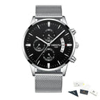 Silver watch with black dial on a white background, featuring the NIBOSI brand.