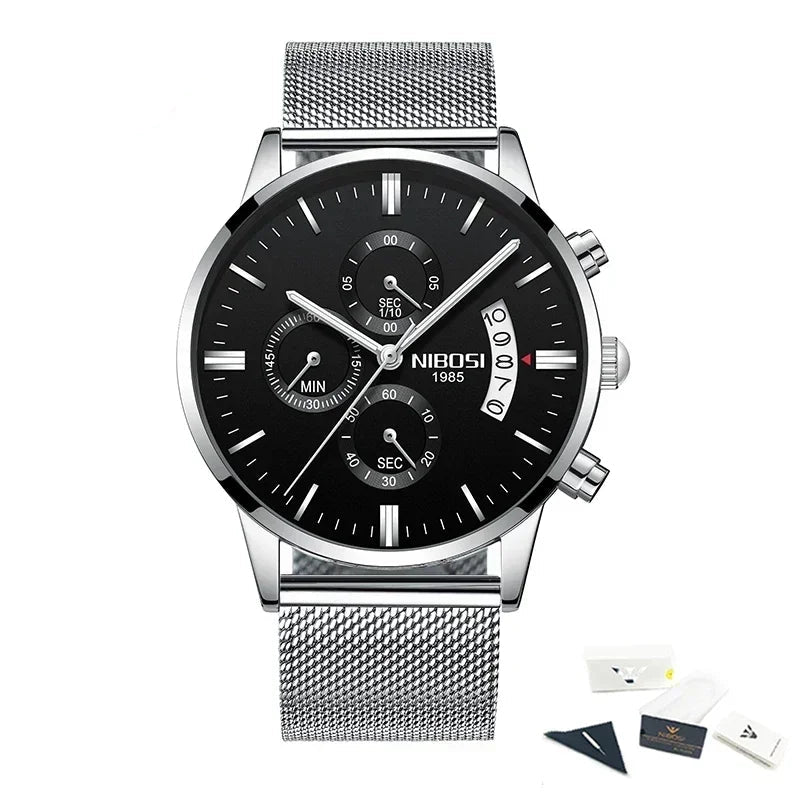 Silver watch with black dial on a white background, featuring the NIBOSI brand.