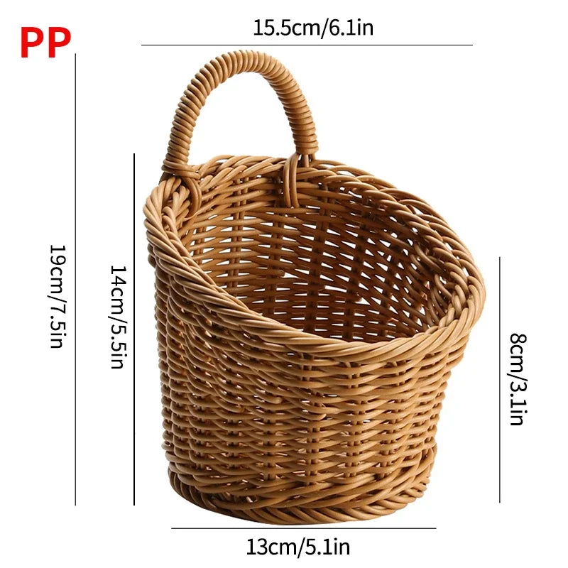 Wicker basket with dimensions labeled on a white background