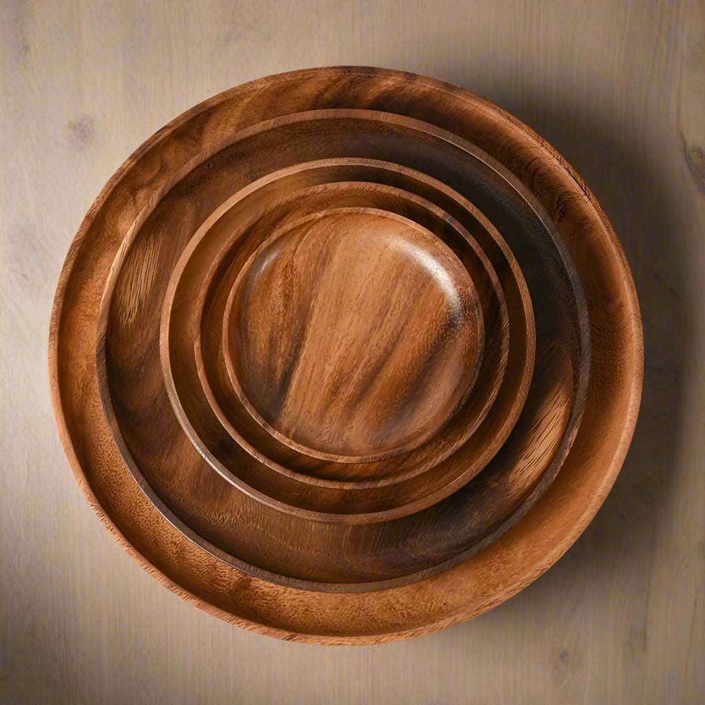 EMESA HOME Japanese Household Dishes Acacia Wood Round Tableware Salad Dessert Tray Vintage Wood Dinnerware Set Plates Serving Platter