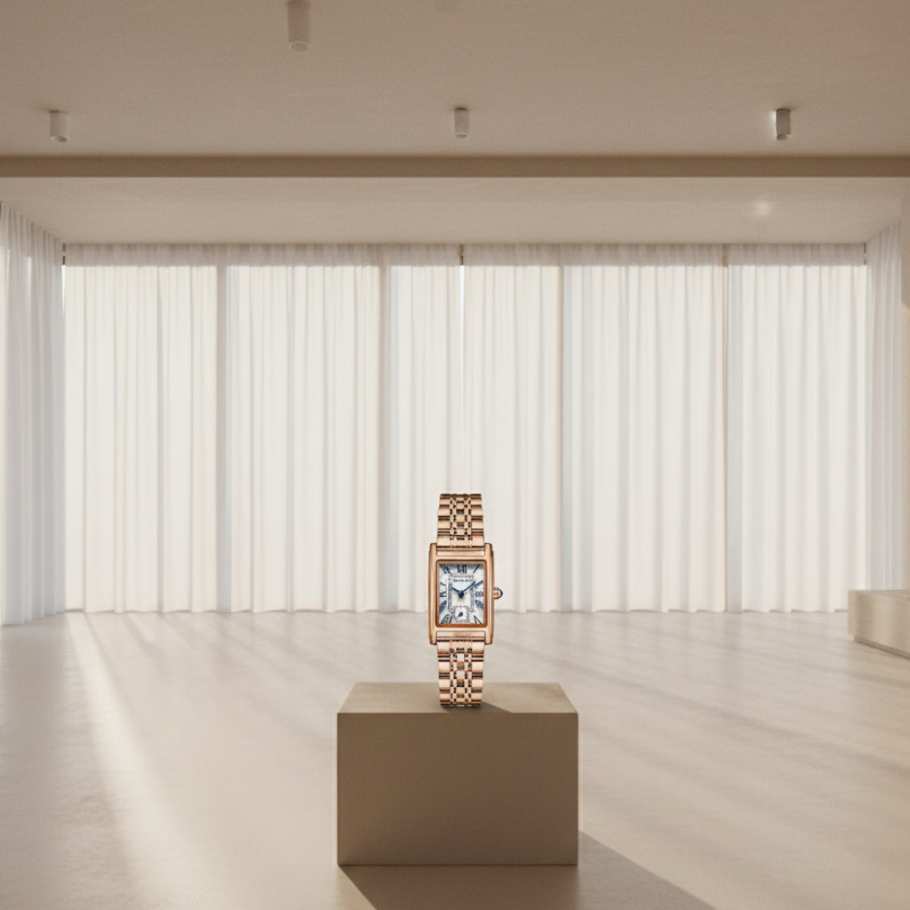 Rose gold watch with rectangular face on a white background, featuring the brand 'SANDA'.