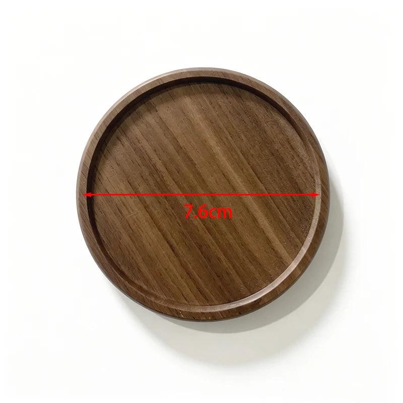 Wooden round tray with measurement label on a white background