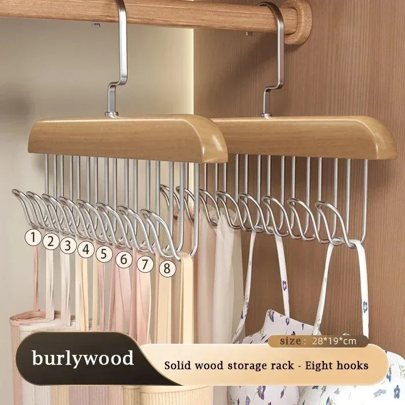 Wooden hanger with eight metal hooks on a wooden rack, labeled 'burlywood'.