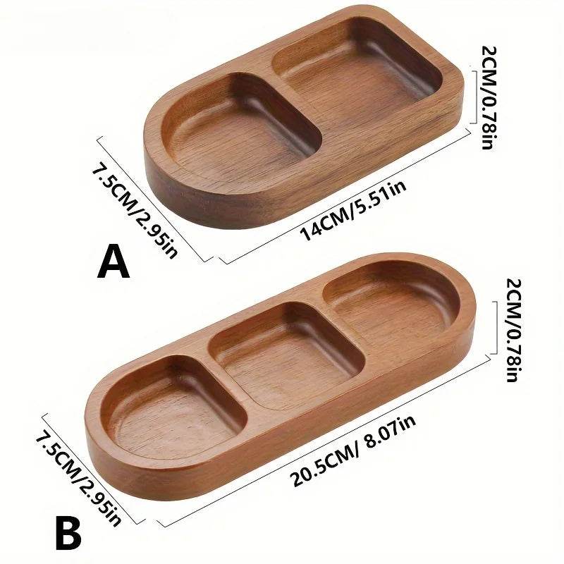 EMESA HOME Solid Wood Rectangle Tray – 2/3 Grid Condiment Plate for Breakfast, Sushi, Bread, Desserts & Kitchen Seasoning Display 2pcs