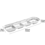 Metallic tray with dimensions labeled on a white background