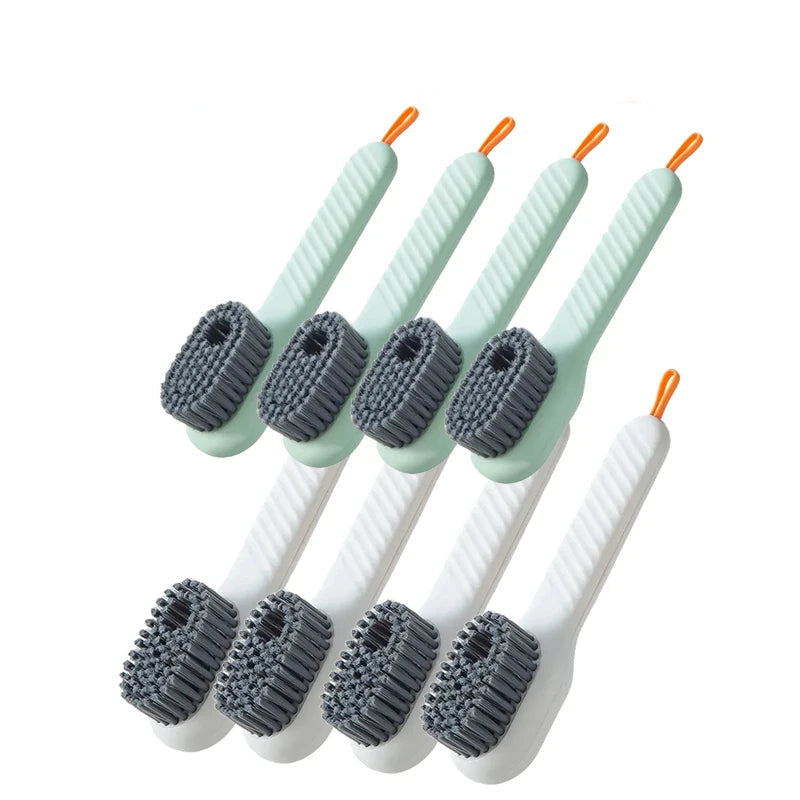 Set of 8 cleaning brushes with white and green handles and gray bristles on a white background.