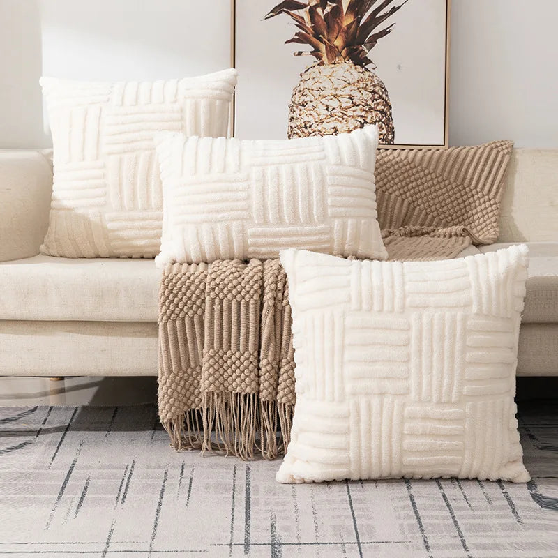 EMESA HOME Boho Faux Fur Plush Cream White Decorative Cushion Cover