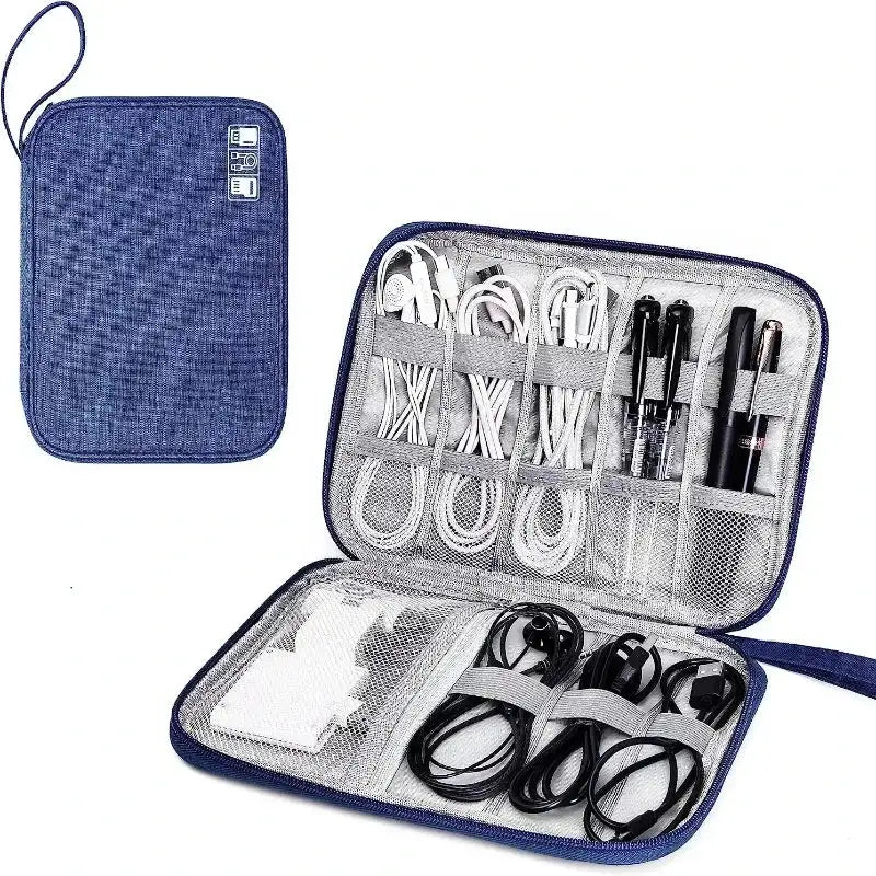Blue travel organizer with electronic cables and devices on a white background
