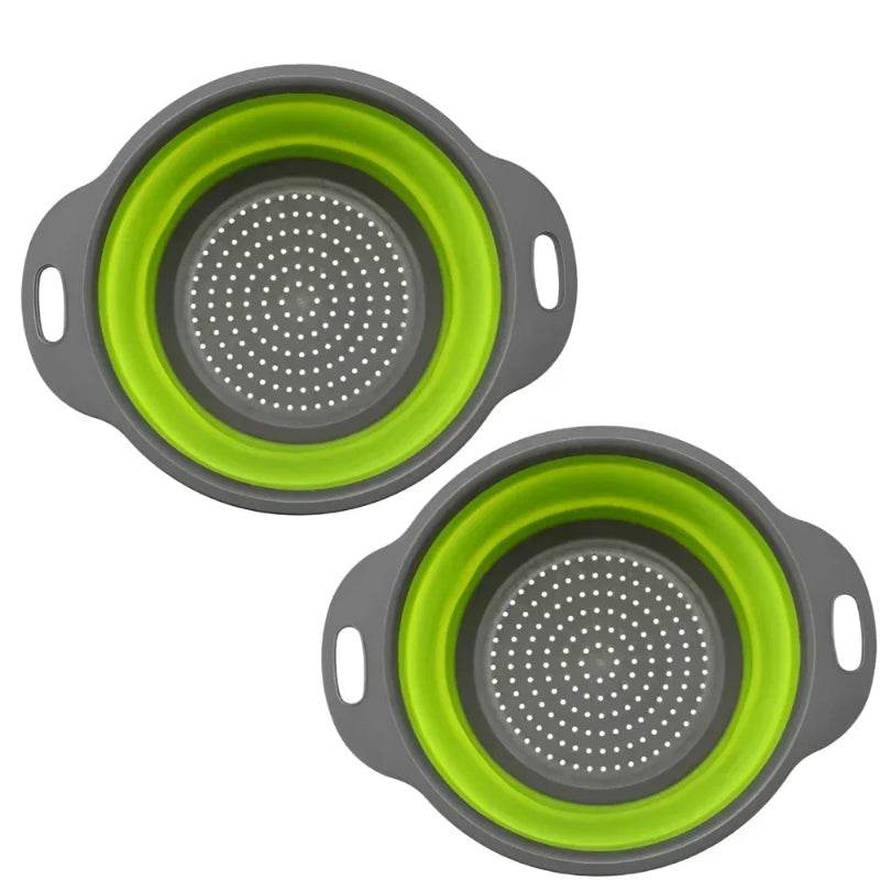 EMESA HOME Round Foldable Silicone Colander – Collapsible Kitchen Fruit & Vegetable Washing Basket Strainer Drainer Tool L Green 2PCS