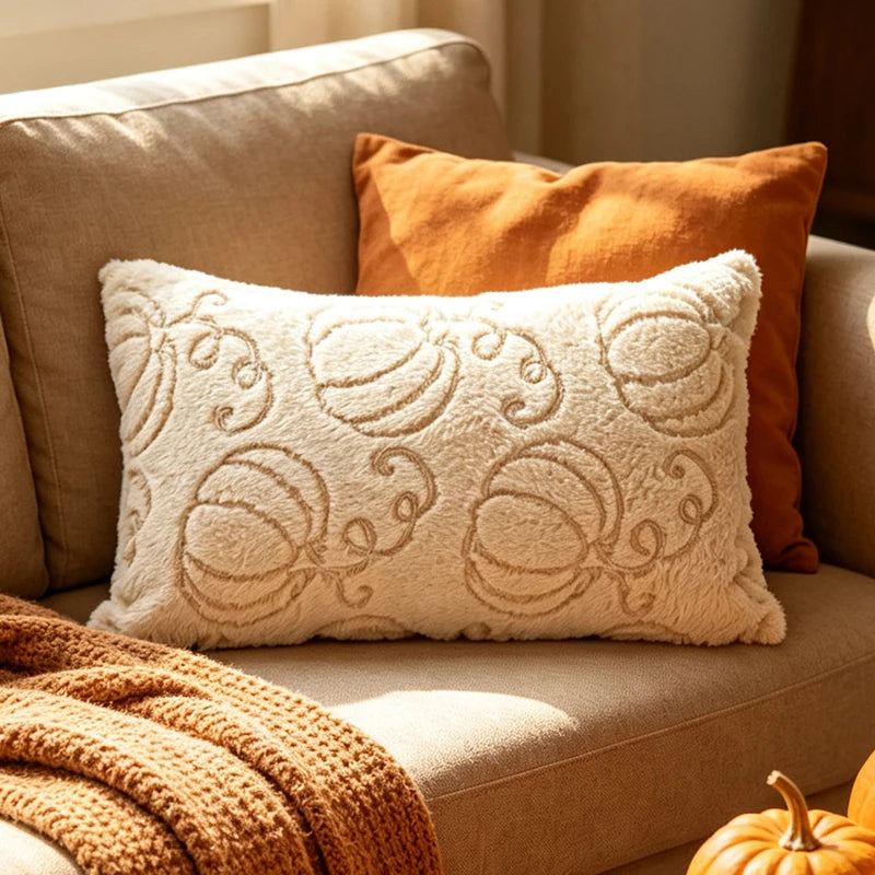 A cream-colored textured lumbar pillow with a raised pumpkin pattern, styled on a beige sofa next to an orange throw pillow and a chunky knit blanket.