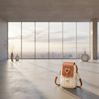 Woven handbag with brown leather accents and a cat-shaped charm on a wooden surface.