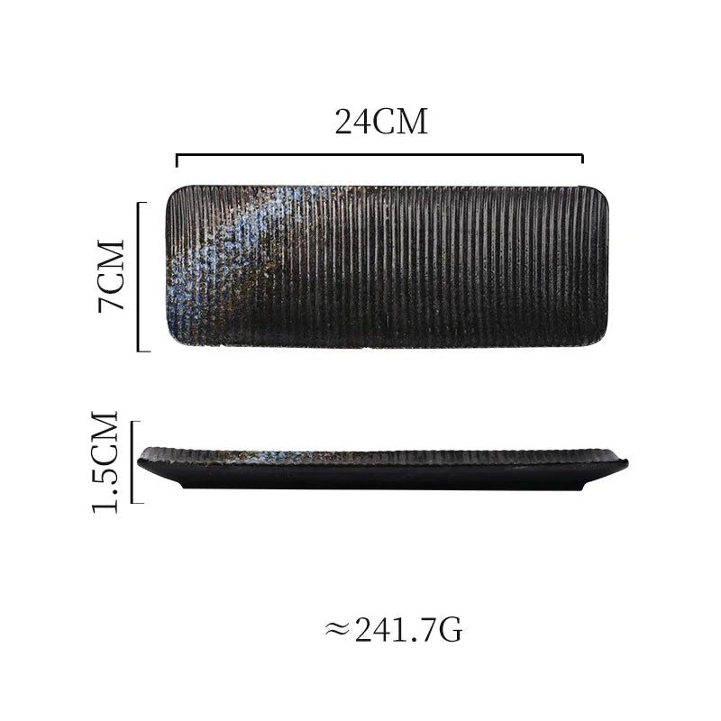 Measurement chart of a black rectangular plate with dimensions and weight information.