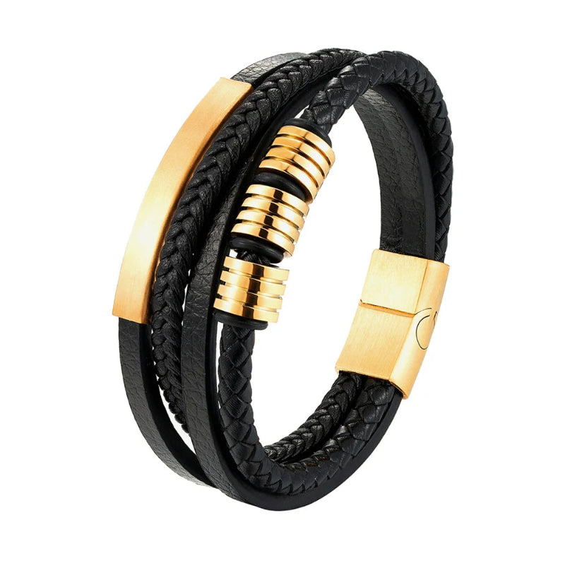 Black braided leather bracelet with gold accents on a white background