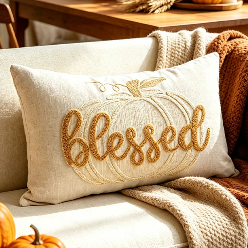 EMESA HOME Tufted Letter & Pumpkin Embroidered Autumn Cushion Cover