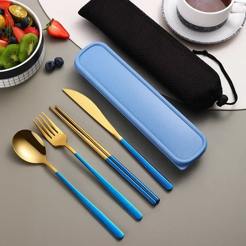 EMESA HOME Portable Stainless Steel Cutlery Set – Knife, Fork, Spoon, Chopsticks with Case, 4-Piece Travel Flatware Gift Set Gold blue