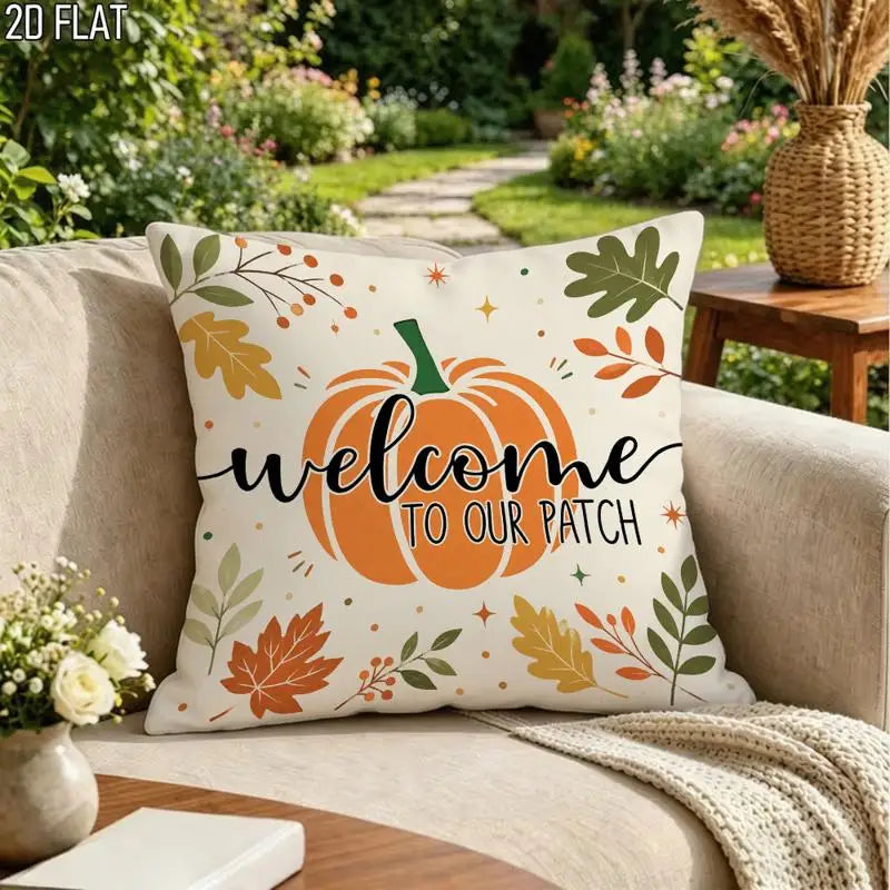 A square decorative throw pillow with a fall harvest design sits on a beige sofa in a garden patio setting. The pillow features an orange pumpkin, autumn leaves in green, orange, and yellow, and the text 'welcome TO OUR PATCH' in black script and block lettering.