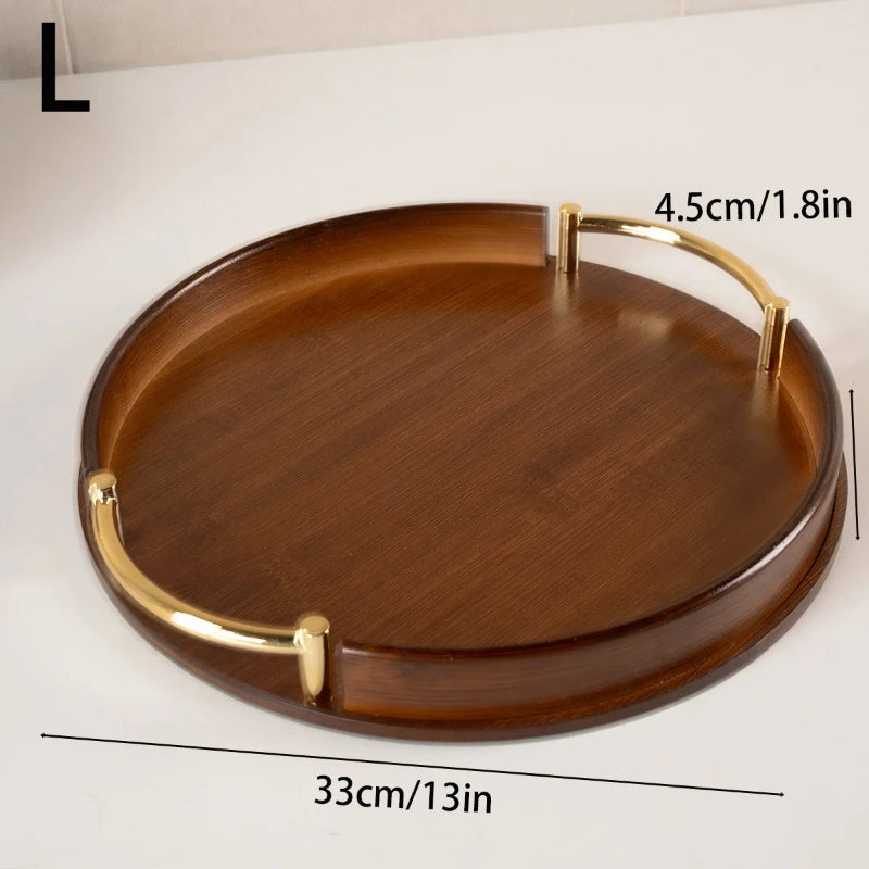 Wooden tray with gold handles and measurements on a white background