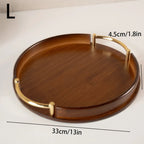 Wooden tray with gold handles and measurements on a white background