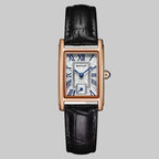 Black rectangular watch with rose gold frame and white face on a white background, featuring the brand 'SANDA'.