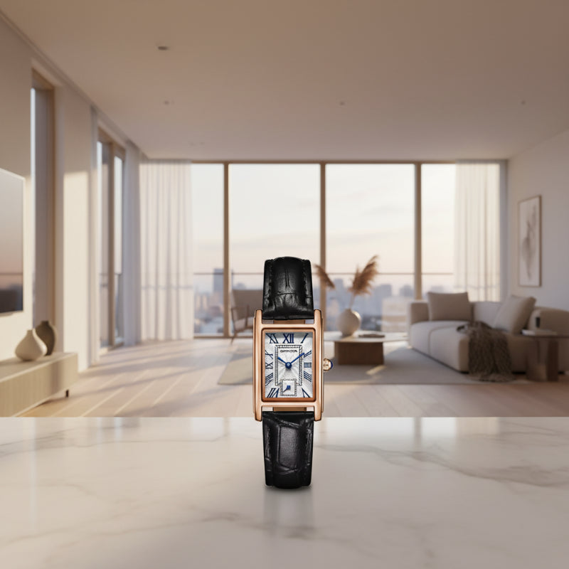 Black rectangular watch with rose gold frame and white face on a white background, featuring the brand 'SANDA'.