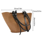 Brown straw bag with black straps and measurements on a white background