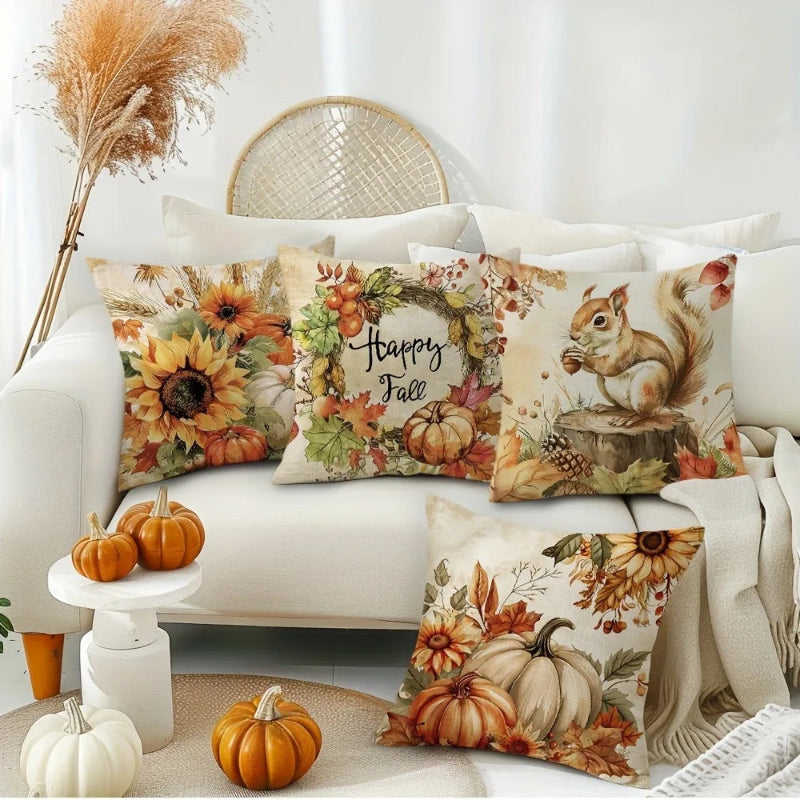 Decorative pillows with autumn-themed designs on a white sofa.