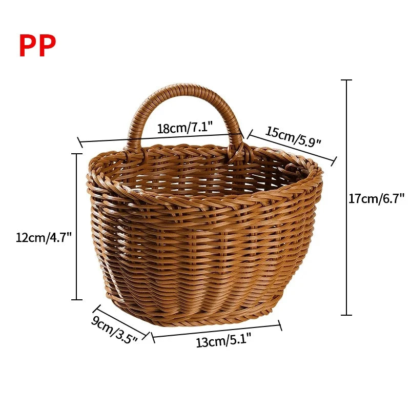 Wicker basket with dimensions labeled on a white background