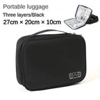 Black portable luggage with three layers on a white background