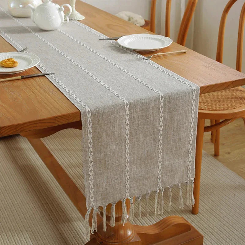 EMESA HOME Cotton Linen Blend Table Runner – Hand Woven Tassels for Wedding Party Arch Door & Dining Table Decor - EMESA HOME™